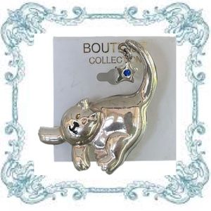 Whimsical Silver Cat & Blue Gem Star Pin Adorable Kitty Cats Kittens Jewelry